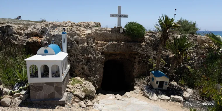 The small whitewashed Ayia Thekla chapel by the sea