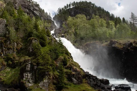 Låtefossen waterfall crashing down a rocky gorge