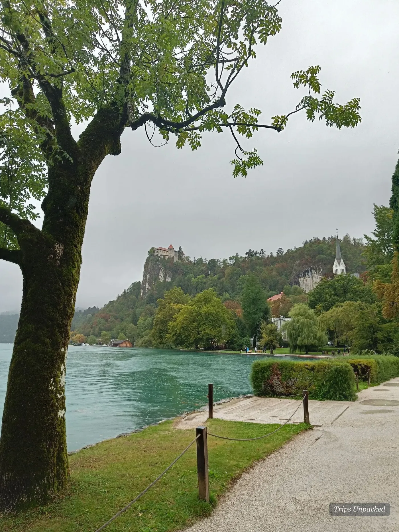 The shore path at Bled, with the castle on its cliff and the island beyond.