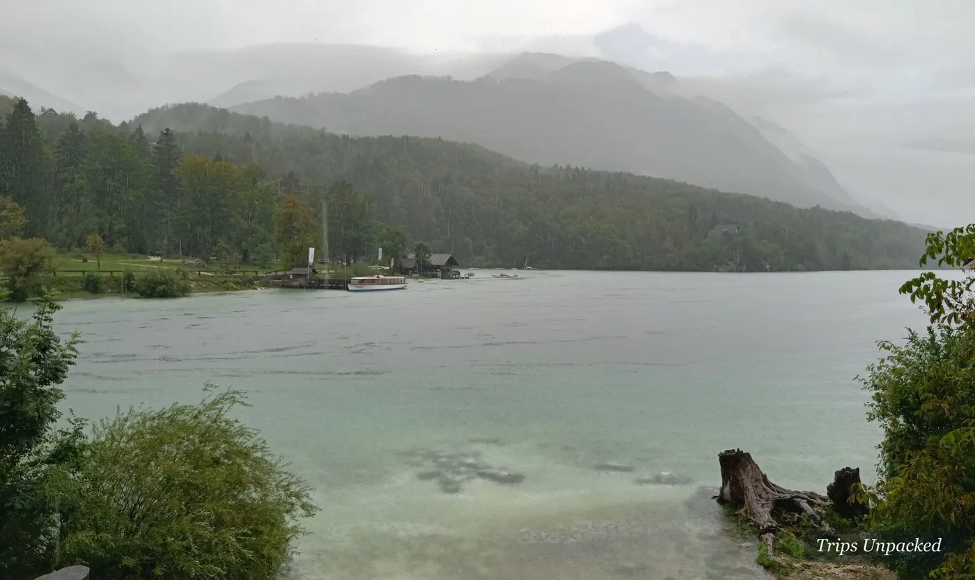 Rain over Lake Bohinj, the far shore lost in mist.