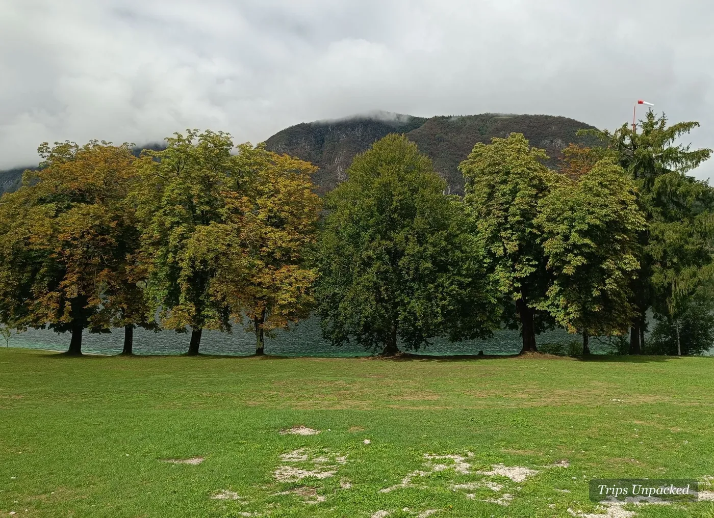 Trees and lawn along the Bohinj shore, a dark ridge rising behind.